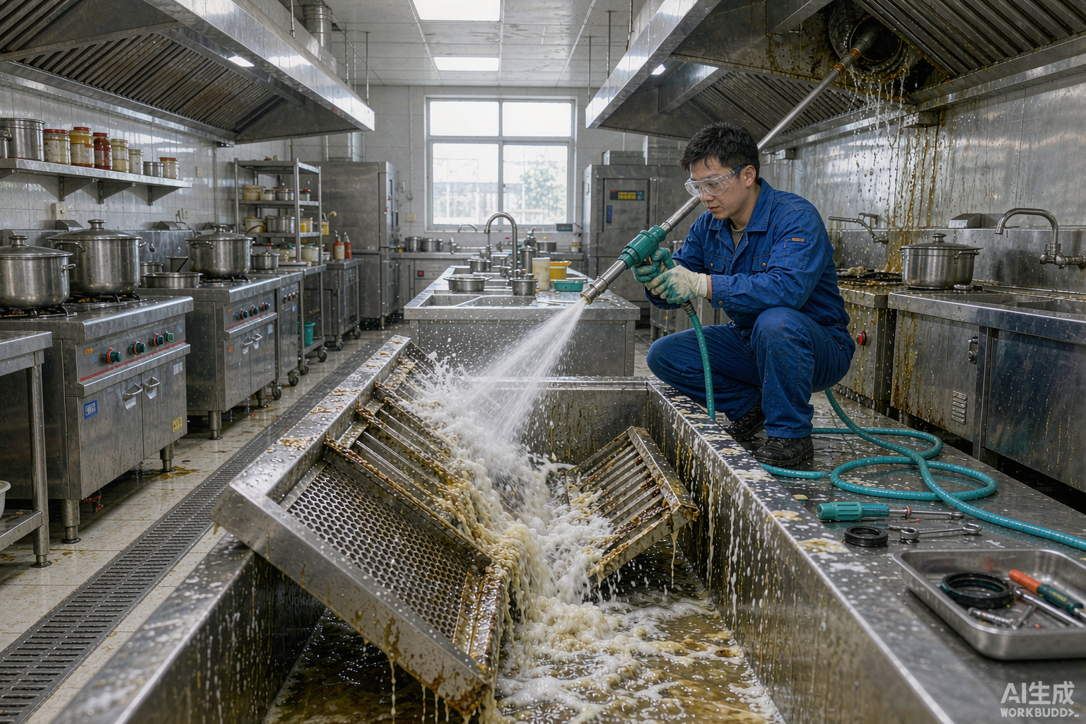 技术人员高压冲洗拆解清洗油烟罩作业