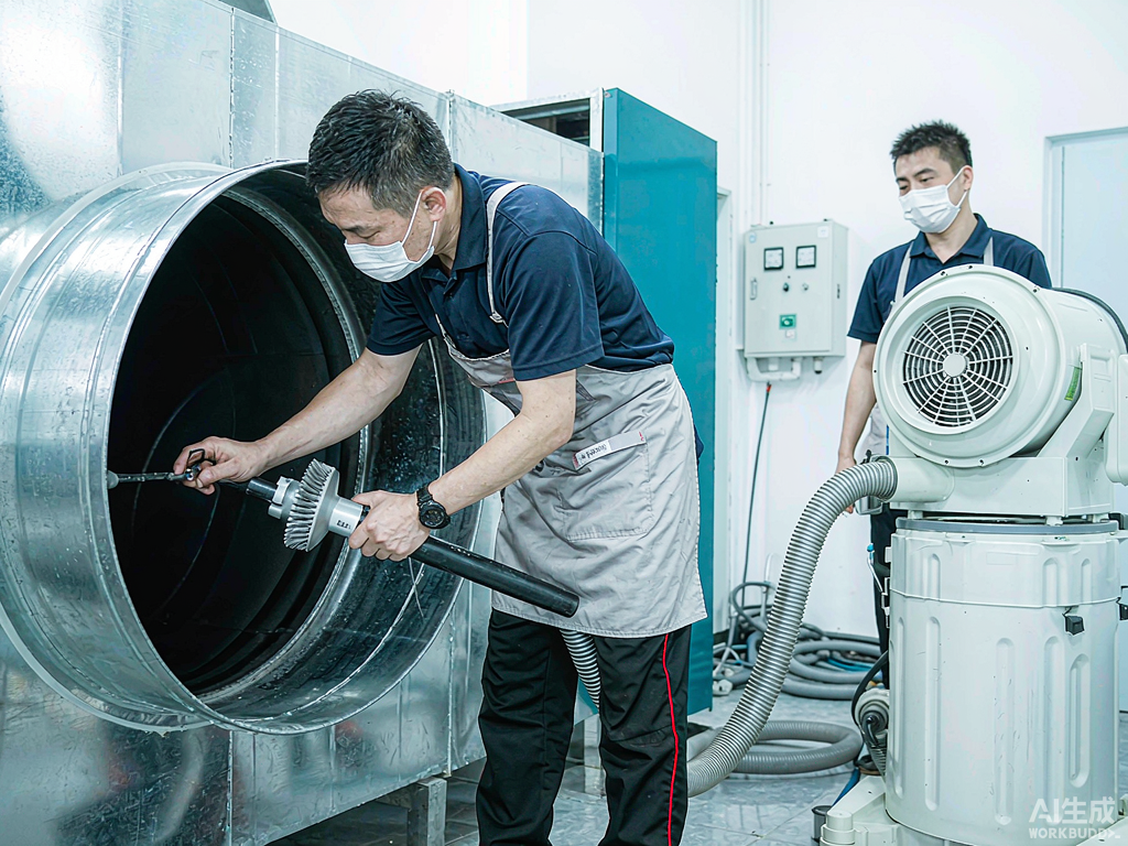专业技师用旋转刷与大功率吸尘设备清洗大型商用风管