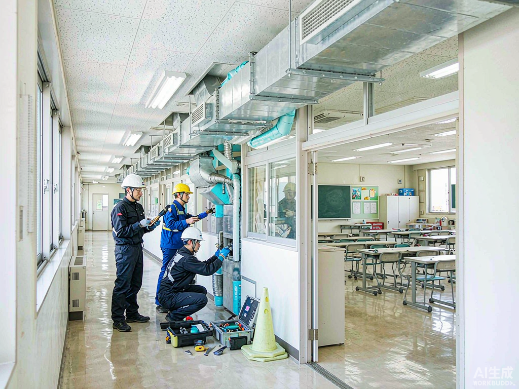 技师在学校建筑维护通风风管