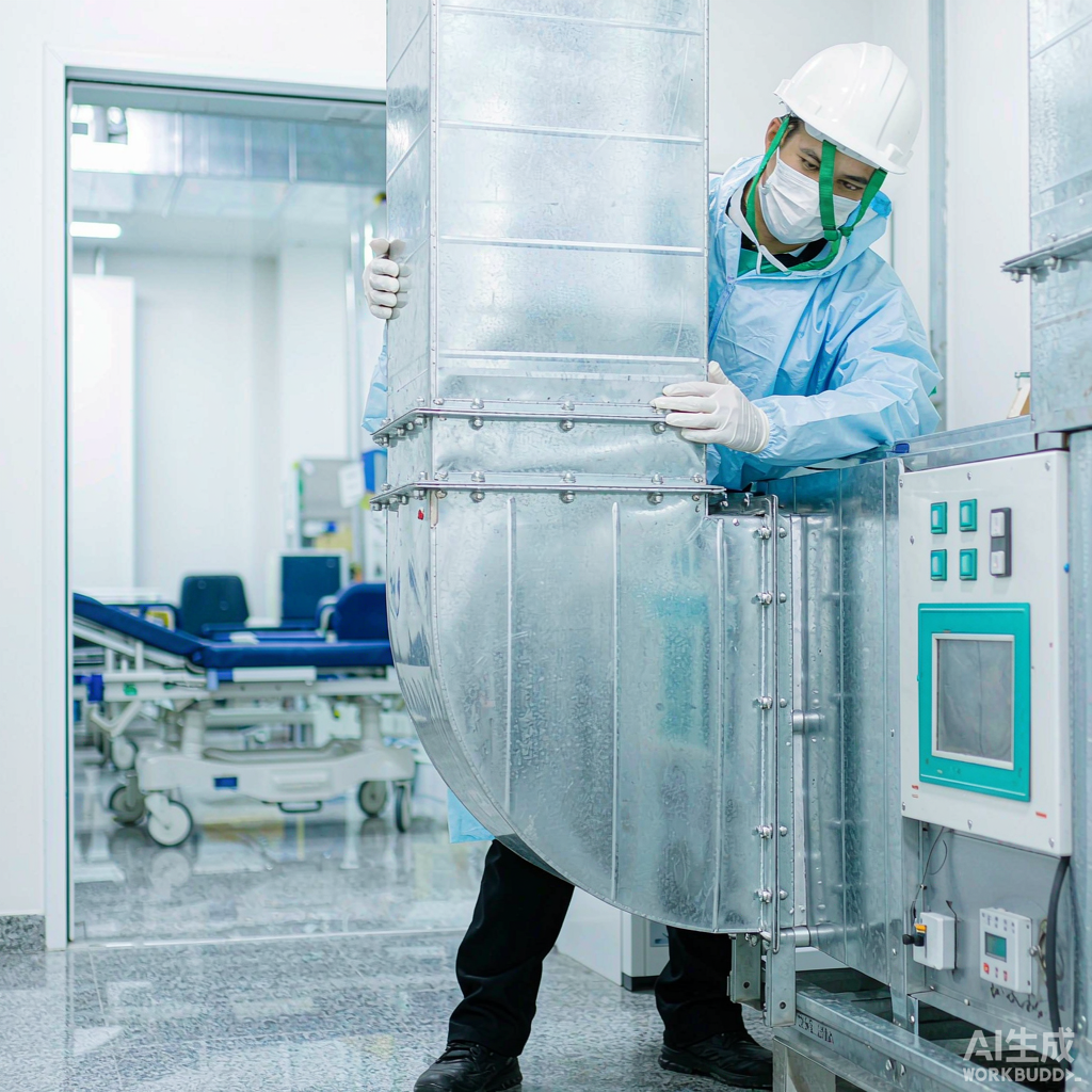 医院周期维护：技术人员穿戴全套 PPE 在医院机房维护中央空调风管