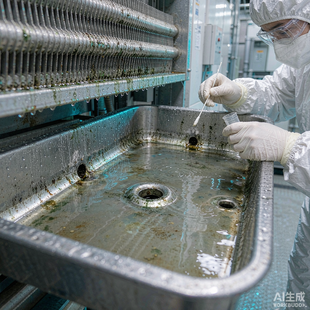 空调冷凝水盘积水易滋生军团菌，技术人员穿戴PPE检查