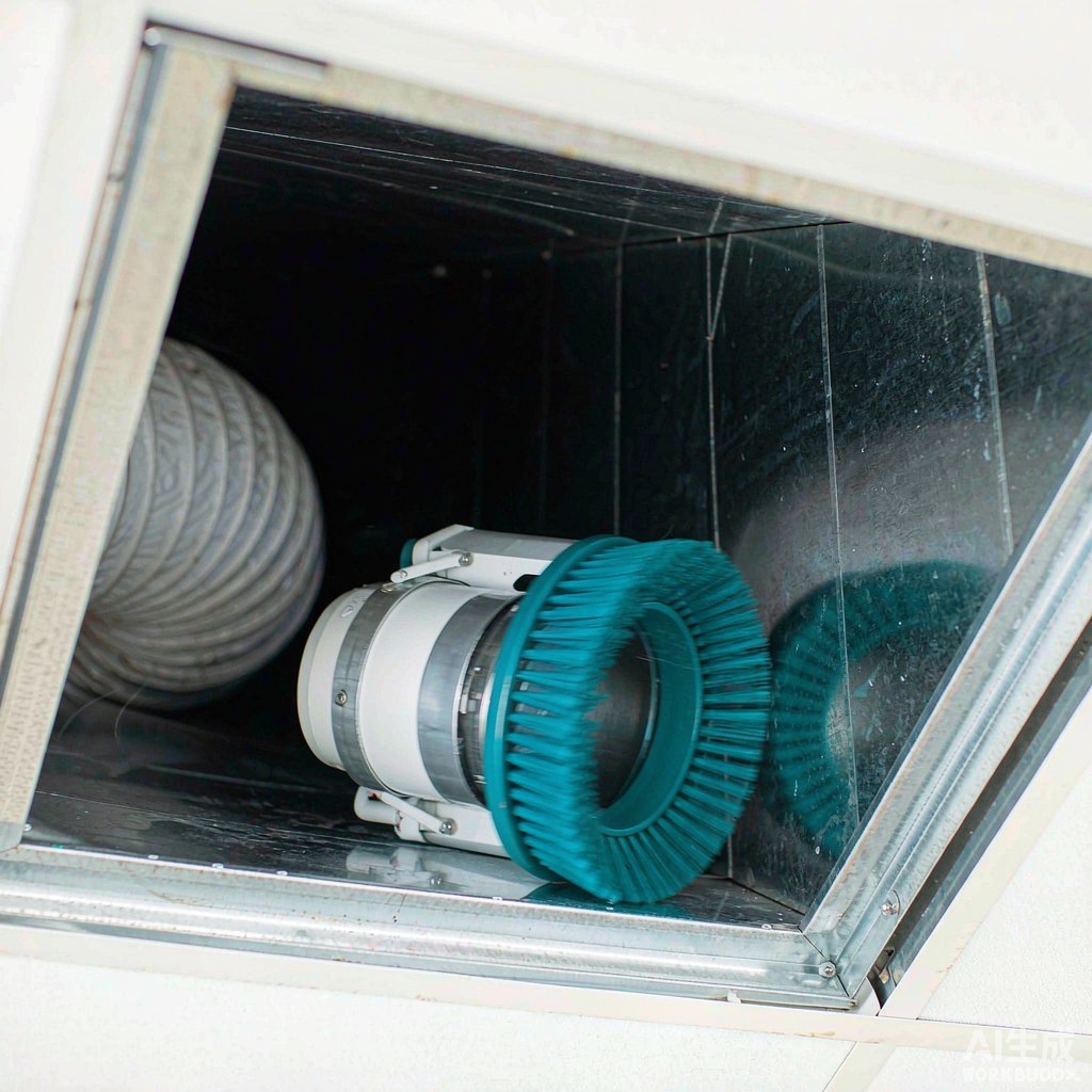 清洗机器人与旋转刷进入中央空调风管内进行作业