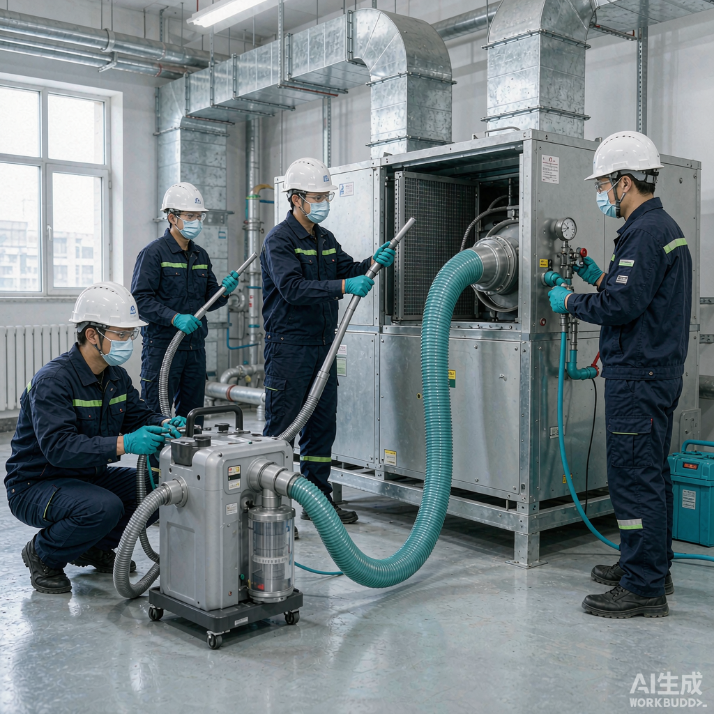 专业公司：统一着装的技术人员用负压设备深度清洗中央空调