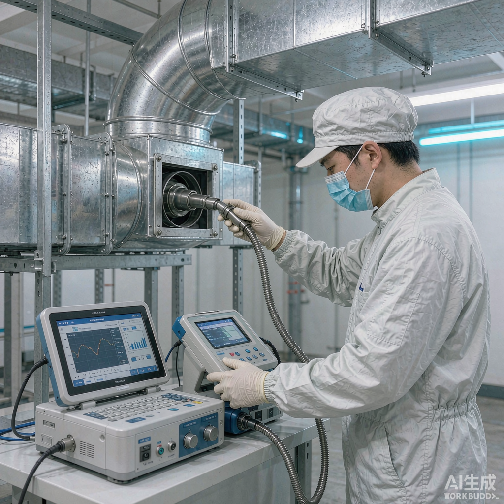 技术人员用粒子计数与检测仪器核验风管洁净度是否符合国标