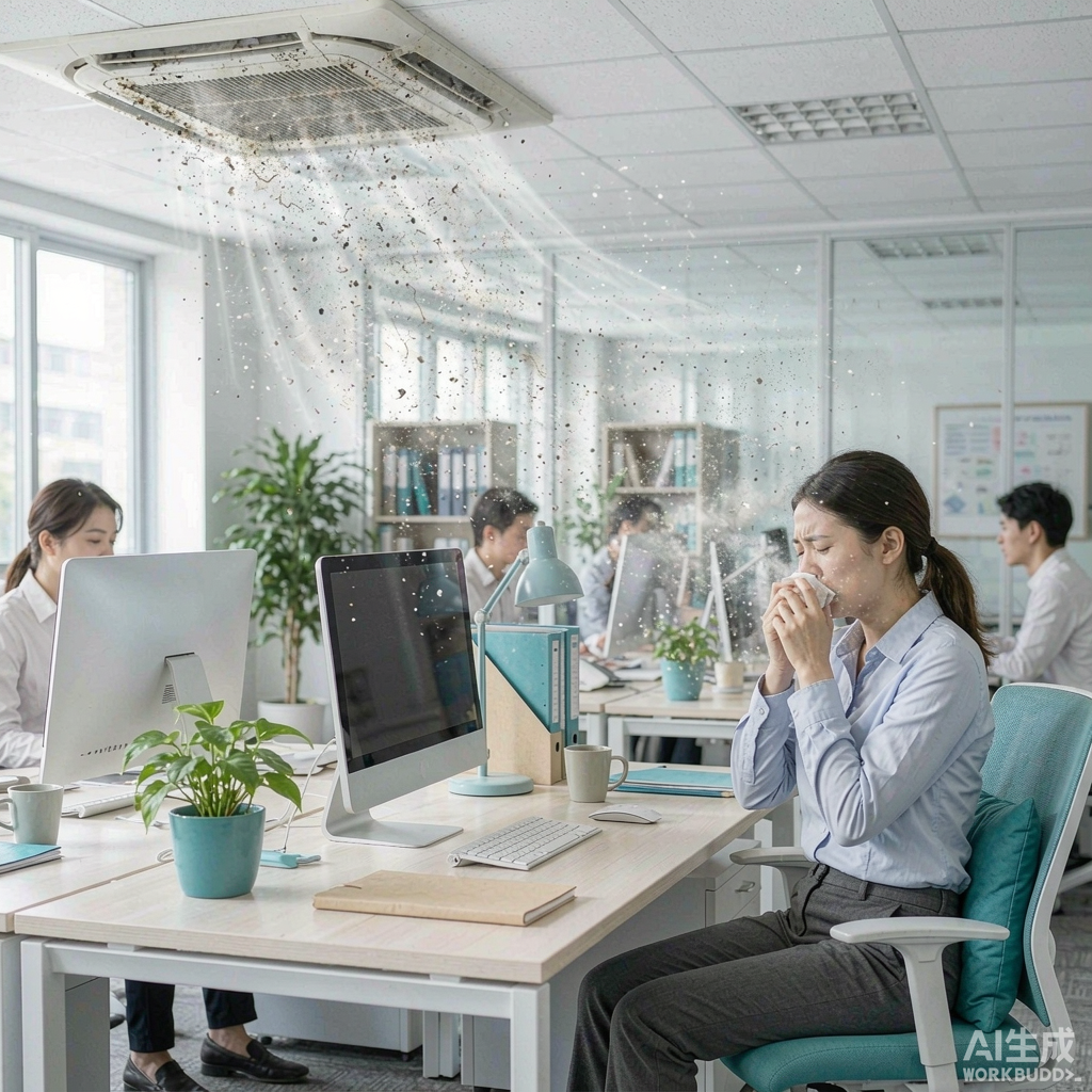 长期不清洗：脏风口吹出细尘，办公人员出现过敏与咳嗽