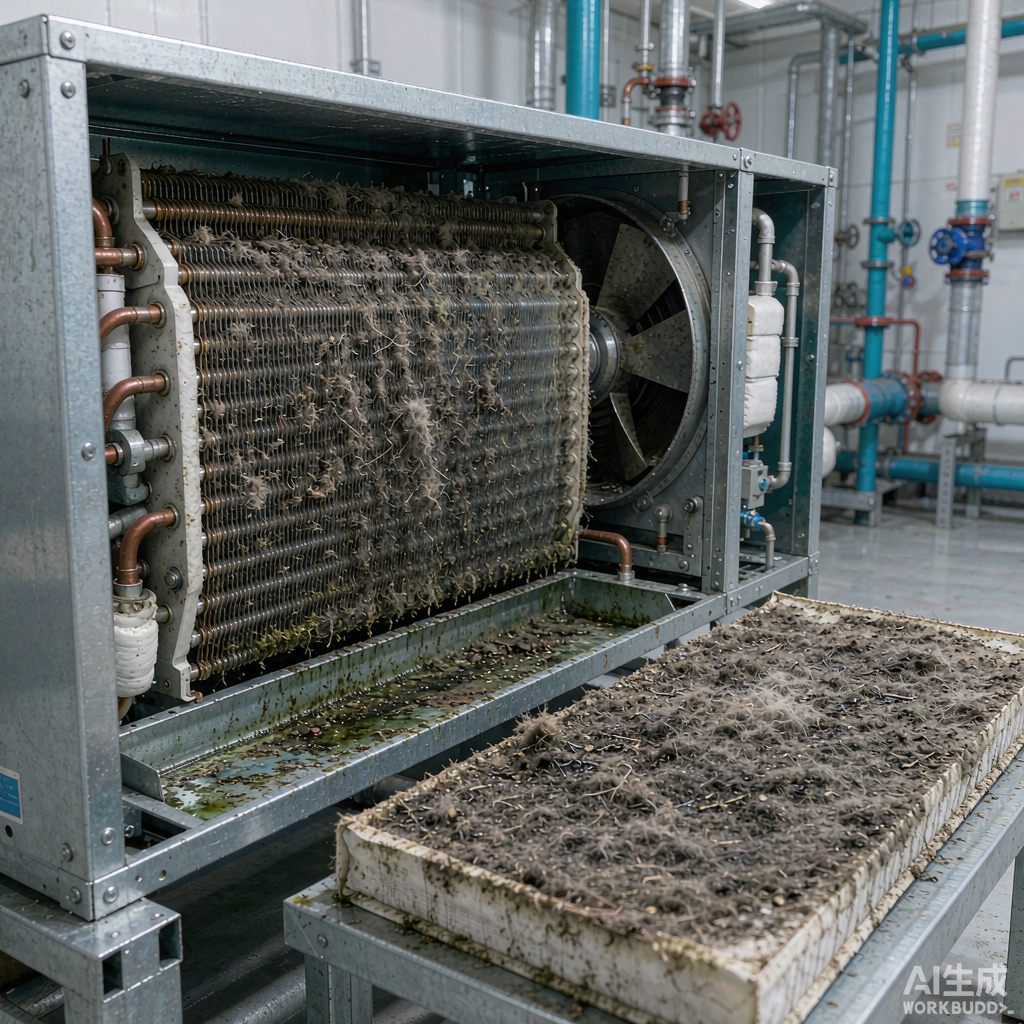 长期不清洗：空调盘管与滤网积污导致风量下降、能耗隐性升高