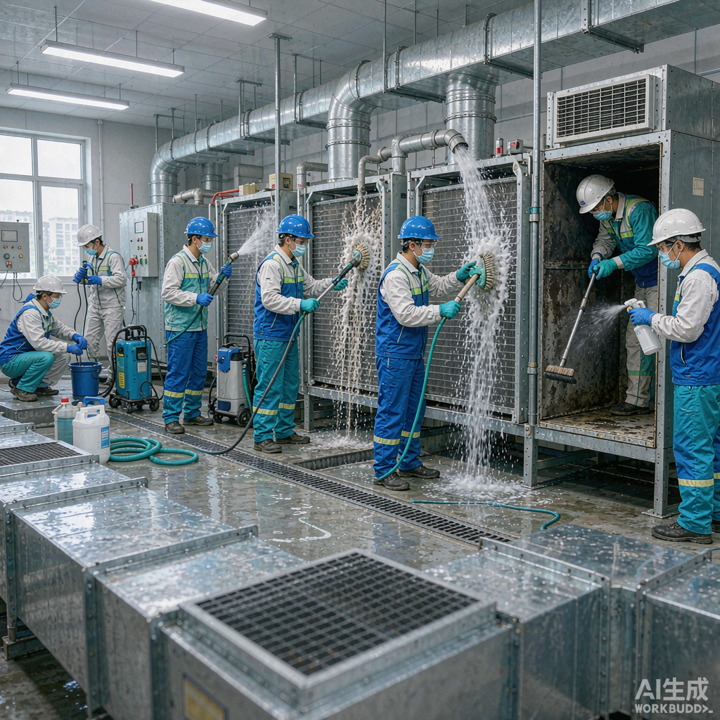 多名技术人员按流程分步清洗中央空调系统的多个环节